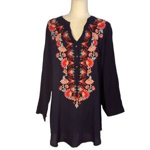 NWT Solitaire Deep Blue Rayon Embroidered Tunic Top Size L